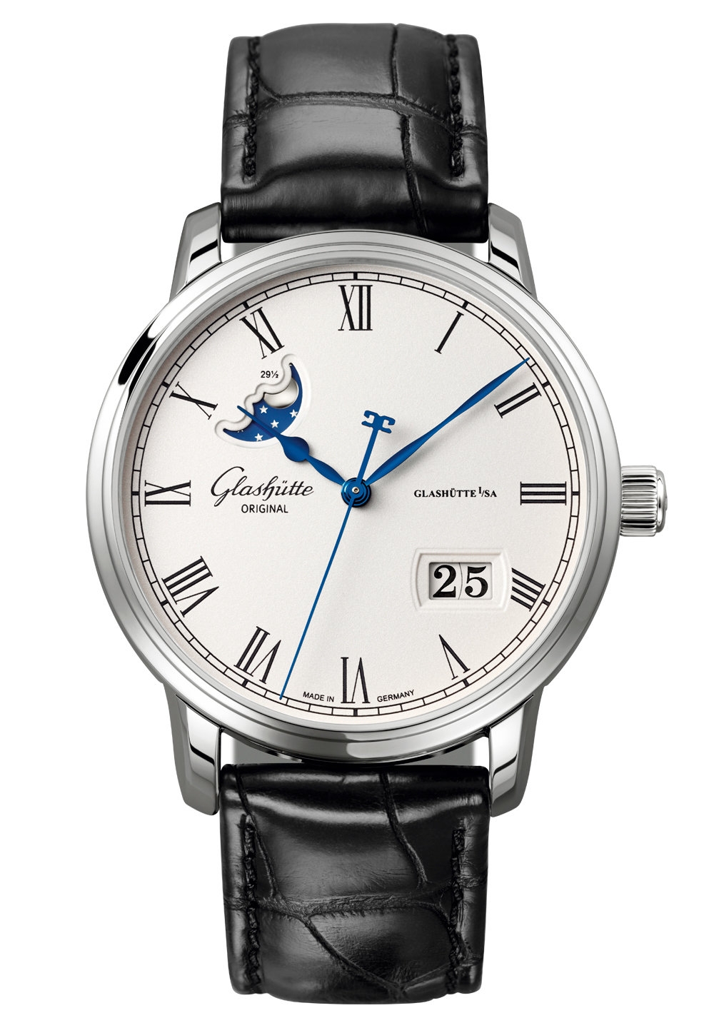 Glashütte Original 100-04-32-12-01 : Senator Panorama Date Moon Phase Stainless Steel / Silver / Alligator / Folding