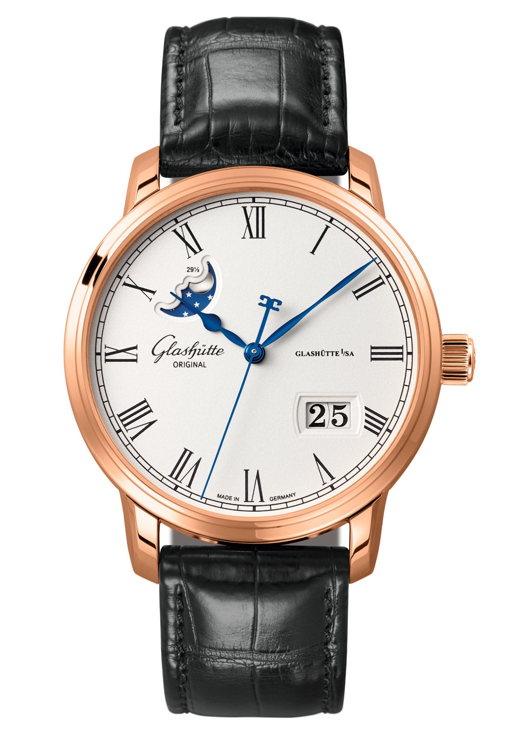 Glashütte Original 100-04-32-15-04 : Senator Panorama Date Moon Phase Red Gold / Silver / Alligator / Folding