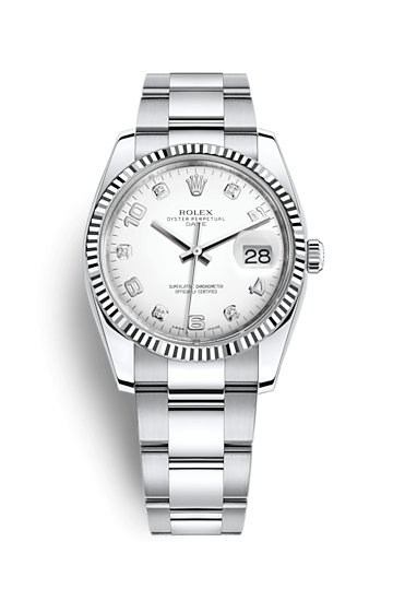 Rolex 115234-0010 : Oyster Perpetual Date 34 Stainless Steel Fluted / Oyster / White Arabic