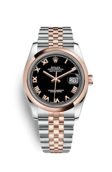 Rolex 116201-0073 : Datejust 36 Rolesor Everose Domed / Jubilee / Black Roman