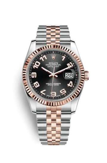 Rolex 116231-0090 : Datejust 36 Rolesor Everose Fluted / Jubilee / Black Arabic