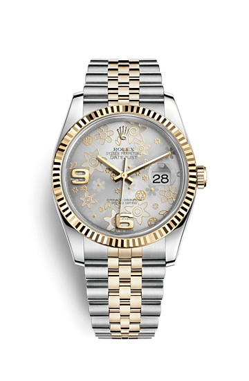 Rolex 116233-0215 : Datejust 36 Rolesor Yellow Fluted / Jubilee / Silver Floral