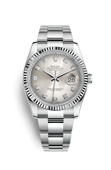 Rolex 116234-0136 : Datejust 36 Stainless Steel Fluted / Oyster / Silver Diamond