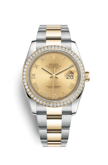 Rolex 116243-0028 : Datejust 36 Rolesor Yellow Diamond / Oyster / Champagne Roman