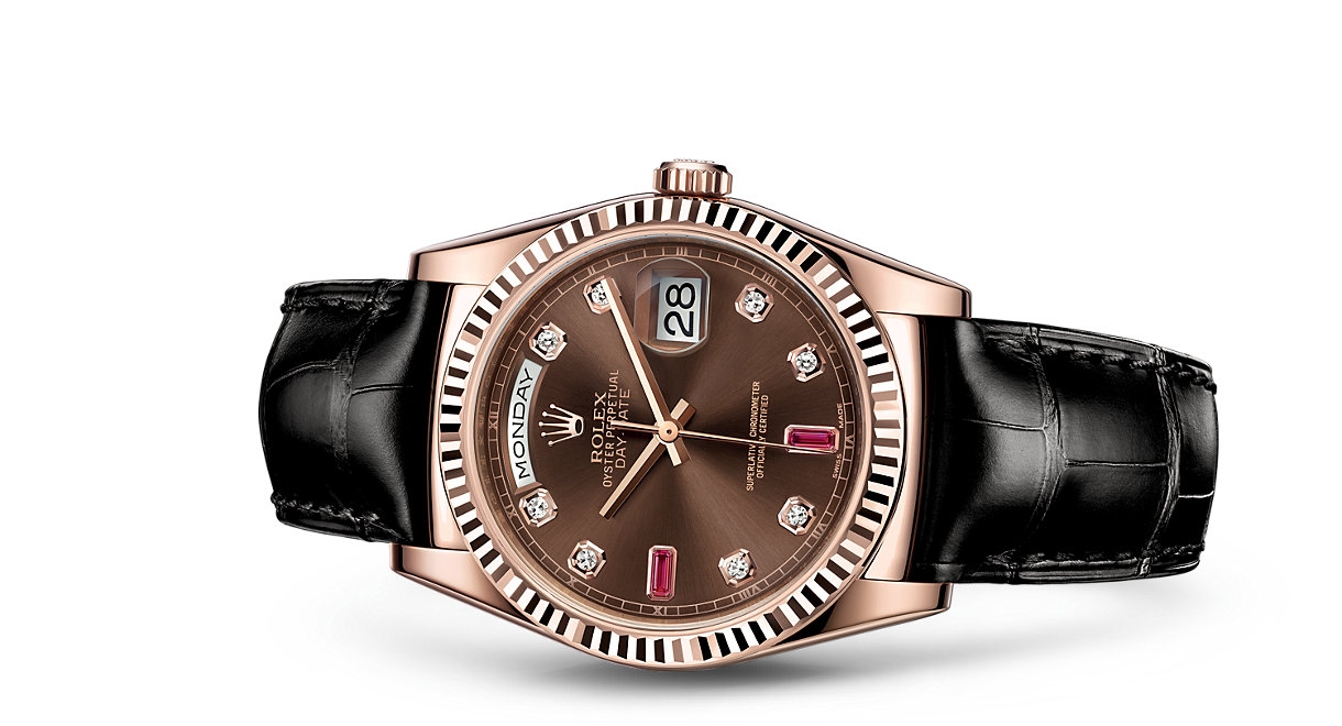 Rolex 118135-0087 : Day-Date 36 Everose / Strap / Chocolate Diamonds Rubies