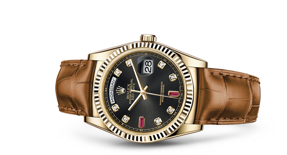 Rolex 118138-0020 : Day-Date 36 Yellow Gold / Strap / Black Diamond Rubies