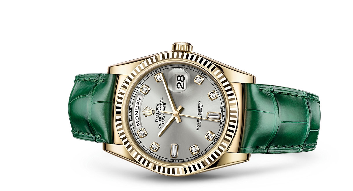 Rolex 118138-0135 : Day-Date 36 Yellow Gold / Strap / Silver Diamonds