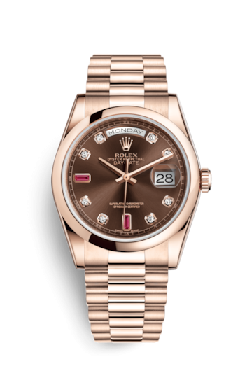 Rolex 118205f-0104 : Day-Date 36 Everose Domed / President / Chocolate Diamonds Rubies