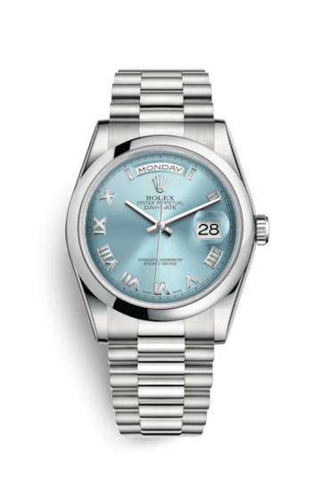 Rolex 118206-0035 : Day-Date 36 Platinum Domed / President / Ice Blue Roman
