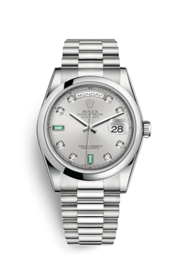 Rolex 118206-0114 : Day-Date 36 Platinum Domed / President / Silver Diamond Emerald
