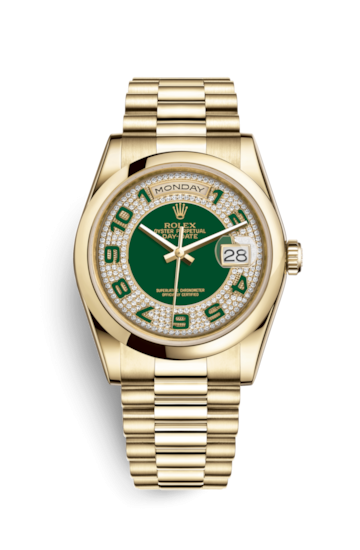 Rolex 118208-0175 : Day-Date 36 Yellow Gold Domed / President/ Green Paved