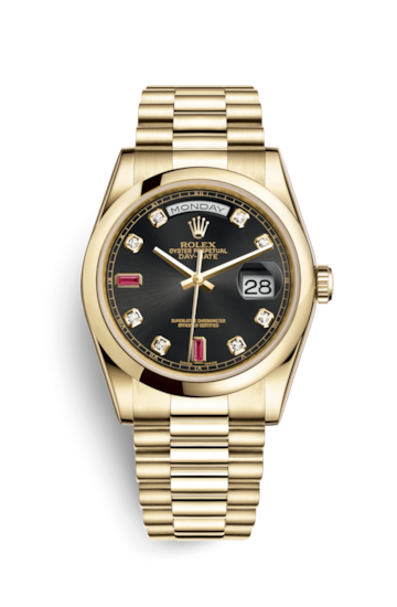 Rolex 118208-0323 : Day-Date 36 Yellow Gold Domed / President / Black Diamonds Rubies