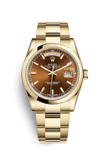 Rolex 118208-0343 : Day-Date 36 Yellow Gold Domed / Oyster / Cognac