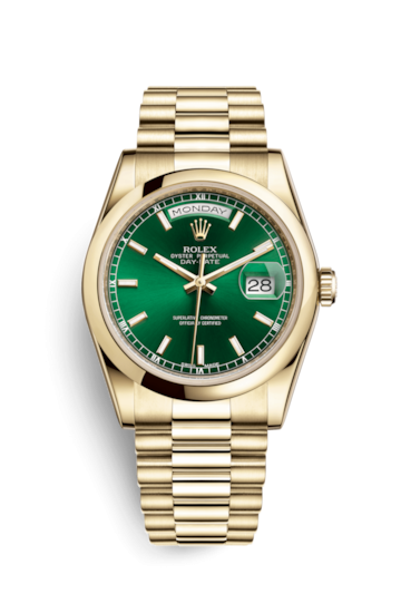 Rolex 118208-0349 : Day-Date 36 Yellow Gold Domed / President / Green