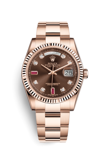 Rolex 118235f-0096 : Day-Date 36 Everose Fluted / Oyster / Chocolate Diamonds Rubies