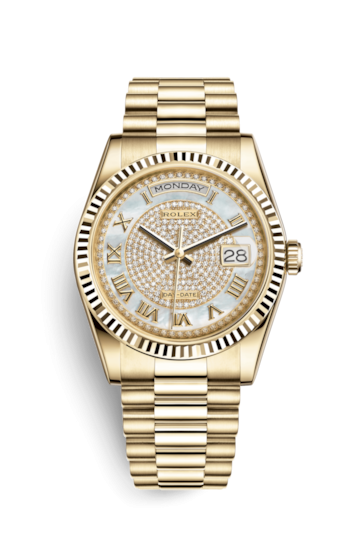 Rolex 118238-0123 : Day-Date 36 Yellow Gold Fluted / President Diamond / Paved Roman
