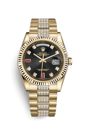 Rolex 118238-0405 : Day-Date 36 Yellow Gold Fluted / President Diamonds / Black Diamonds Rubies