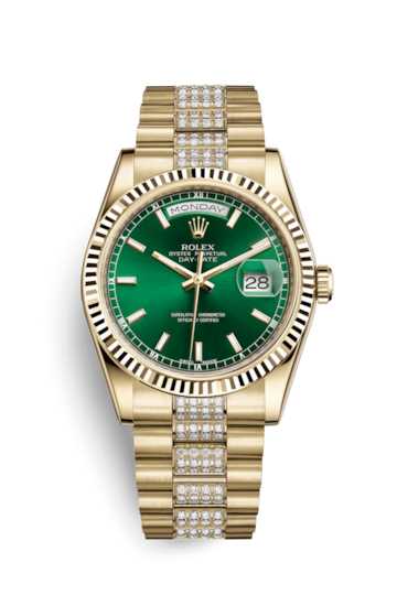 Rolex 118238-0435 : Day-Date 36 Yellow Gold Fluted / President Diamonds / Green