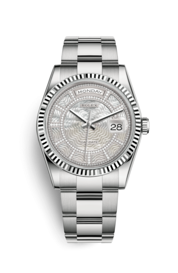 Rolex 118239-0281 : Day-Date 36 White Gold Fluted / Oyster / MOP Carousel