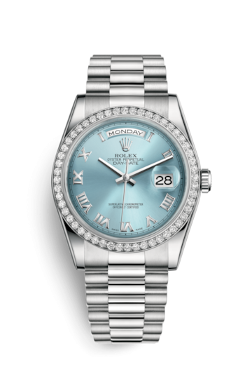 Rolex 118346-0023 : Day-Date 36 Platinum Diamonds / President / Ice Blue Roman