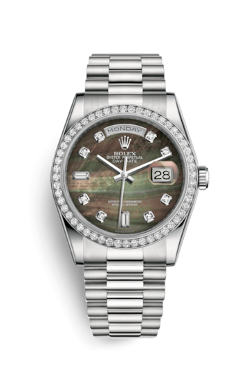 Rolex 118346-0026 : Day-Date 36 Platinum Diamonds / President / Black MOP