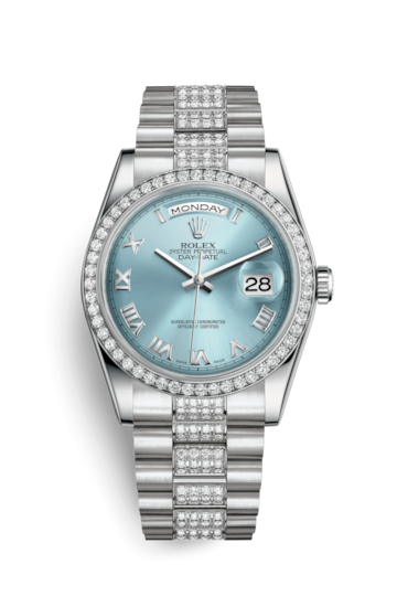 Rolex 118346-0044 : Day-Date 36 Platinum Diamonds / President Diamonds / Ice Blue Roman