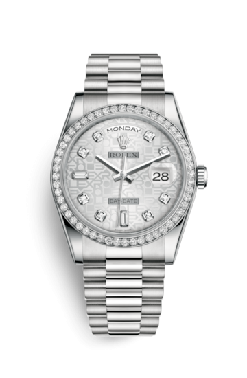 Rolex 118346-0050 : Day-Date 36 Platinum Diamonds / President / Silver Computer