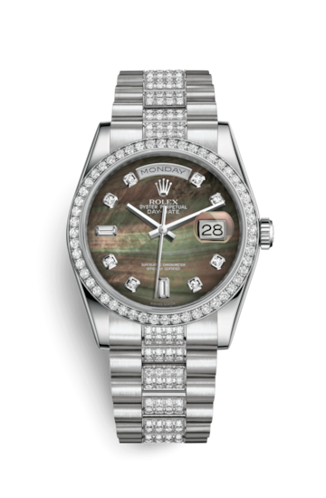 Rolex 118346-0074 : Day-Date 36 Platinum Diamonds / President Diamonds / Black MOP