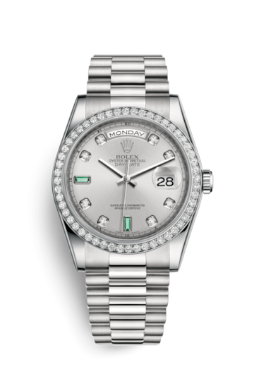 Rolex 118346-0084 : Day-Date 36 Platinum Diamonds / President / Silver Diamond Emerald