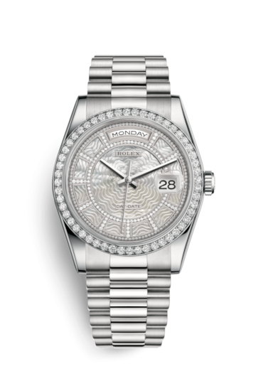 Rolex 118346-0087 : Day-Date 36 Platinum Diamonds / President / MOP Carousel