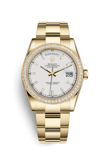 Rolex 118348-0098 : Day-Date 36 Yellow Gold Diamonds / Oyster / White
