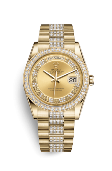 Rolex 118348-0132 : Day-Date 36 Yellow Gold Diamonds / President Diamonds / Champagne Roman