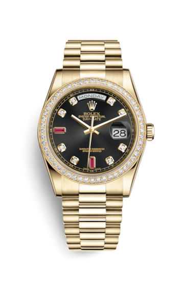 Rolex 118348-0148 : Day-Date 36 Yellow Gold Diamonds / President / Black Diamonds Rubies