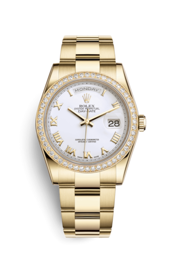 Rolex 118348-0150 : Day-Date 36 Yellow Gold Diamonds / Oyster / White Roman