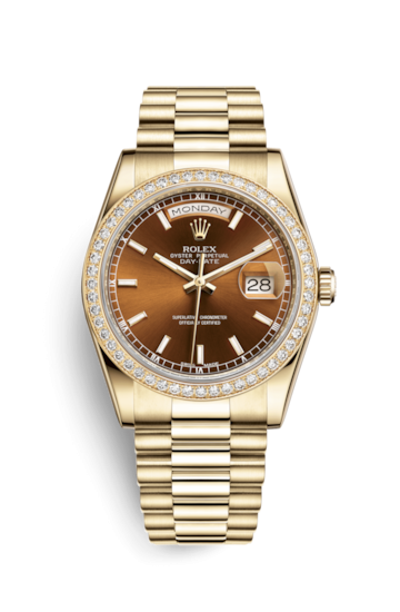 Rolex 118348-0160 : Day-Date 36 Yellow Gold Diamonds / President / Cognac