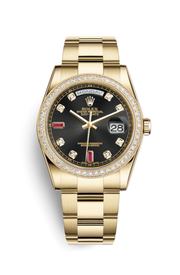 Rolex 118348-0209 : Day-Date 36 Yellow Gold Diamonds / Oyster / Black Diamonds Rubies