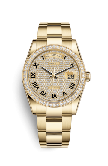 Rolex 118348-0226 : Day-Date 36 Yellow Gold Diamonds / Oyster / Paved Roman