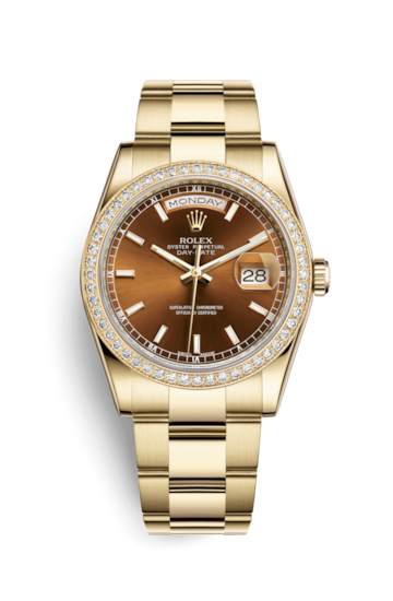 Rolex 118348-0227 : Day-Date 36 Yellow Gold Diamonds / Oyster / Cognac