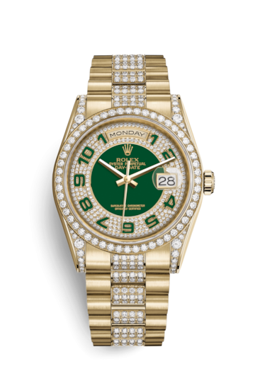 Rolex 118388-0055 : Day-Date 36 Yellow Gold Diamonds / President Diamonds / Green Paved