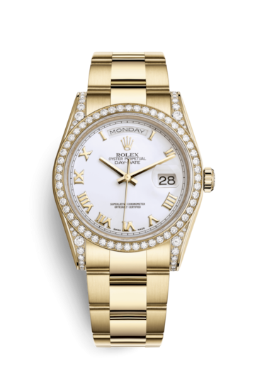 Rolex 118388-0101 : Day-Date 36 Yellow Gold Diamonds / Oyster / White Roman