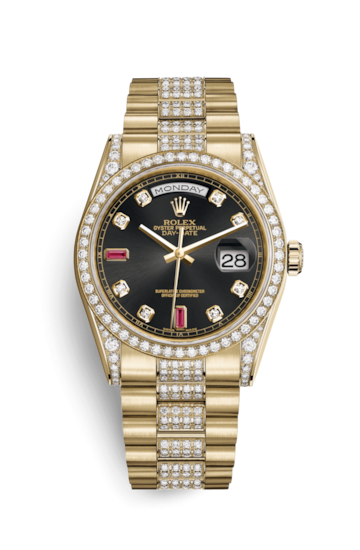 Rolex 118388-0123 : Day-Date 36 Yellow Gold Diamonds / President Diamonds / Black Diamonds Rubies