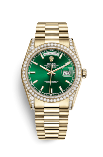 Rolex 118388-0134 : Day-Date 36 Yellow Gold Diamonds / President  / Green