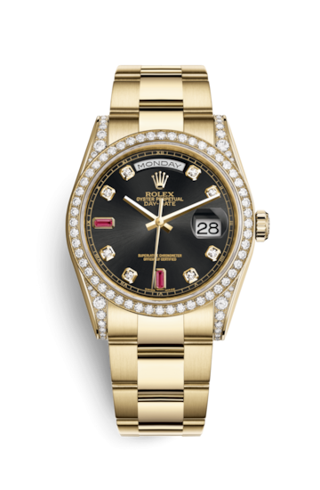 Rolex 118388-0136 : Day-Date 36 Yellow Gold Diamonds  / Oyster / Black Diamonds Rubies