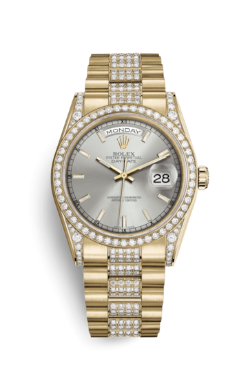 Rolex 118388-0174 : Day-Date 36 Yellow Gold Diamonds / President Diamonds / Silver