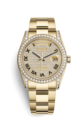 Rolex 118388-0192 : Day-Date 36 Yellow Gold Fluted / Oyster / Paved