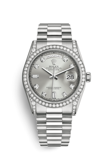 Rolex 118389-0008 : Day-Date 36 White Gold Diamonds / President / Silver Diamond
