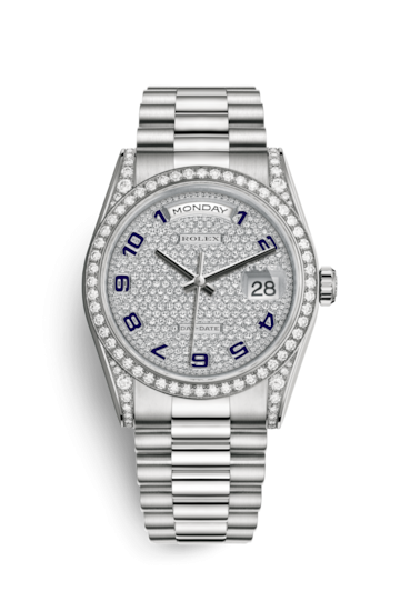 Rolex 118389-0017 : Day-Date 36 White Gold Diamonds / President / Paved Arabic