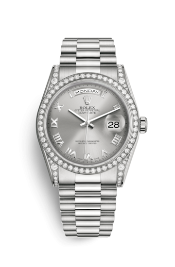Rolex 118389-0025 : Day-Date 36 White Gold Diamonds / President  / Silver Roman