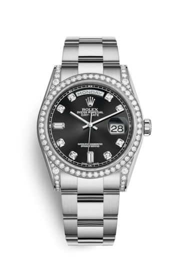 Rolex 118389-0027 : Day-Date 36 White Gold Diamonds / Oyster / Black Diamond