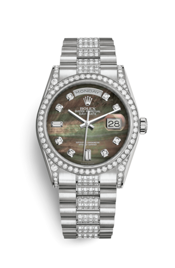 Rolex 118389-0055 : Day-Date 36 White Gold Diamonds / President Diamond / Black MOP